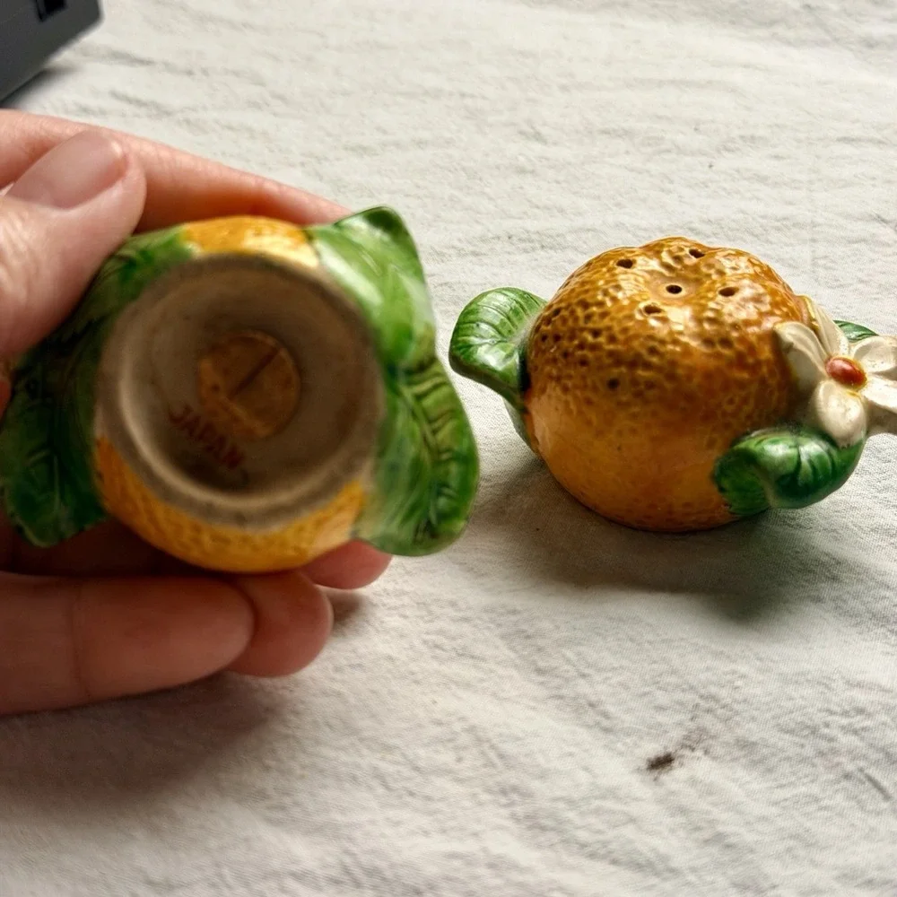 VTG MCM  Occupied Japan Orange Fruit Flower Salt & Pepper Shakers, Cork Stopper